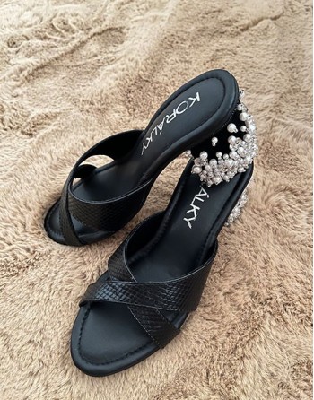 Black embellished block heels