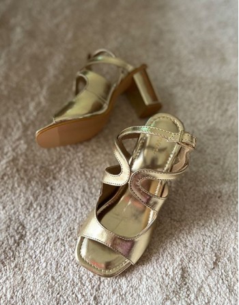 Gold cut-out strap block heels